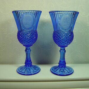 2 Vintage Avon Fostoria blue George & Martha Washington goblets-8" tall